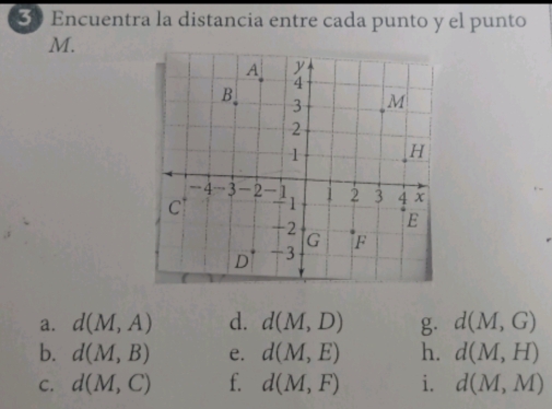 Encuentra la distancia entre cada punto y el punto
M. 
a. d(M,A) d. d(M,D) g. d(M,G)
b. d(M,B) e. d(M,E) h. d(M,H)
C. d(M,C) f. d(M,F) i. d(M,M)