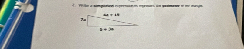 Wrte a simplified expression to represent the perimeter of the trangle.