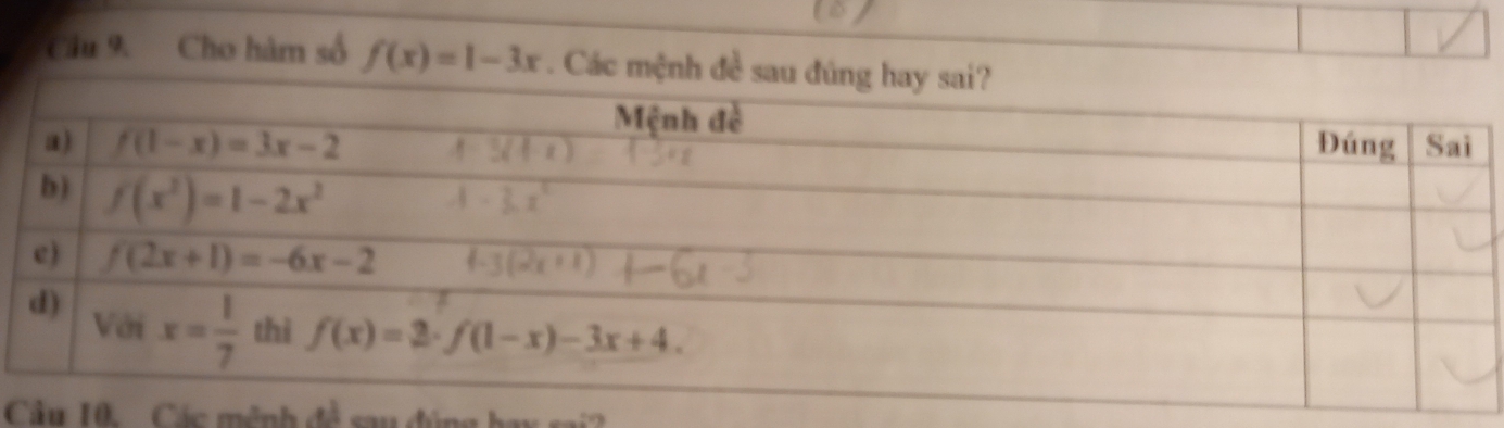 Cho hàm số f(x)=1-3x. Các mệnh đề 
Câu 10.Các mênh đề sau đùng hay