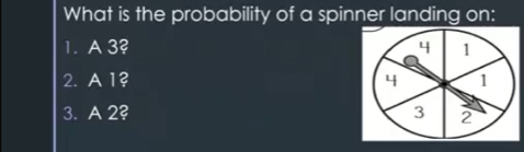 What is the probability of a spinner landing on:
1. A 3
2.A 1? 
3. A 2?