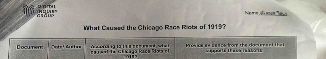 DIGITAL 
V INQUIRY Name Mao m 
GROUP 
What Caused the Chicago Race Riots of 1919? 
Document Date/ Author According to this document, what Provide evidence from the document that 
caused the Chicago Race Riots of supports these reasons. 
1919?