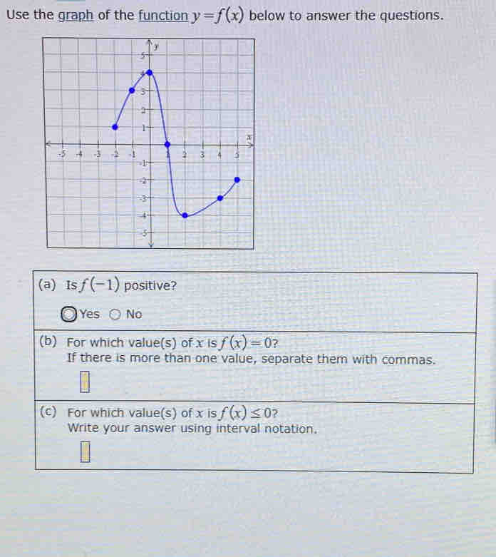 Use the graph of the function y=f(x) below to answer the questions.
(a) Is f(-1) positive?
Yes No
(b) For which value(s) of x is f(x)=0 7
If there is more than one value, separate them with commas.
(c) For which value(s) of x is f(x)≤ 0 ?
Write your answer using interval notation.