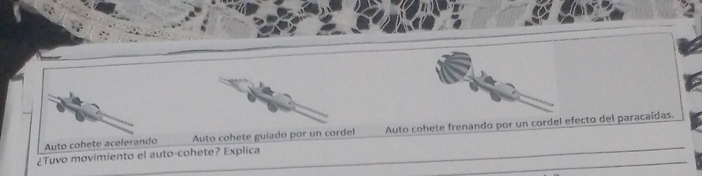 Auto cohete acelerando Auto cohete guiado por un cordel Auto cohete frenando por un cordel efecto del paracaídas. 
¿Tuvo movimiento el auto-cohete? Explica