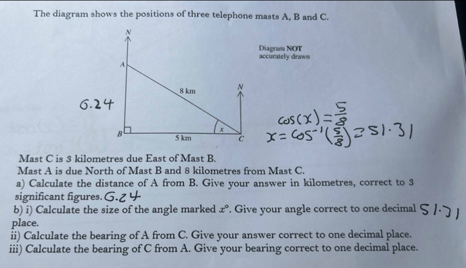 Solved: The diagram shows the positions of three telephone masts A, B ...
