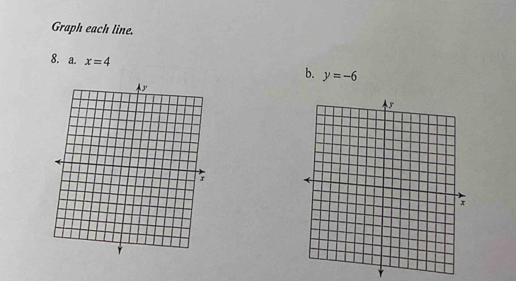 Graph each line. 
8. a. x=4
b. y=-6