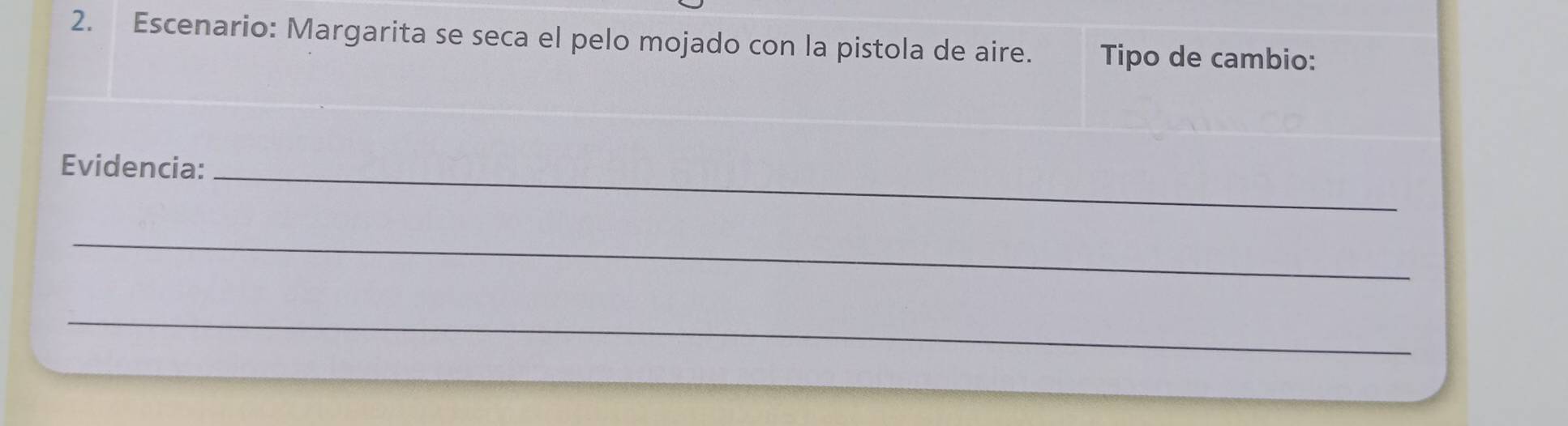 Escenario: Margarita se seca el pelo mojado con la pistola de aire. Tipo de cambio: 
Evidencia:_ 
_ 
_
