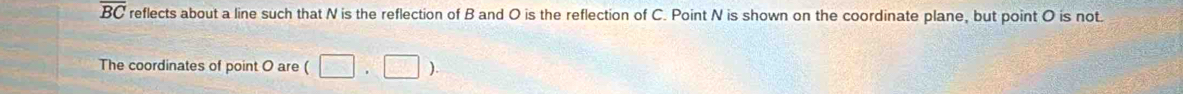 overline BC reflects about a line such that N is the reflection of B and O is the reflection of C. Point N is shown on the coordinate plane, but point O is not 
The coordinates of point O are (□ ,□ )