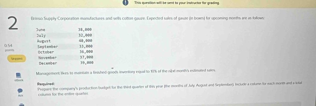 This question will be sent to your instructor for grading. 
2 Brinso Supply Corporation manufactures and sells cotton gauze. Expected sales of gauze (in boxes) for upcoming months are as follows: 
June 38,000
July 32,000
August 40,000
0.54 September 33,000
points October 36,000
Skupped November 37,000
December 39,000
Management likes to maintain a finished goods inventory equal to 10% of the next month's estimated sales. 
eBook 
Required: 
Prepare the company's production budget for the third quarter of this year (the months of July, August and September). Include a column for each month and a total 
Ask column for the entire quarter.