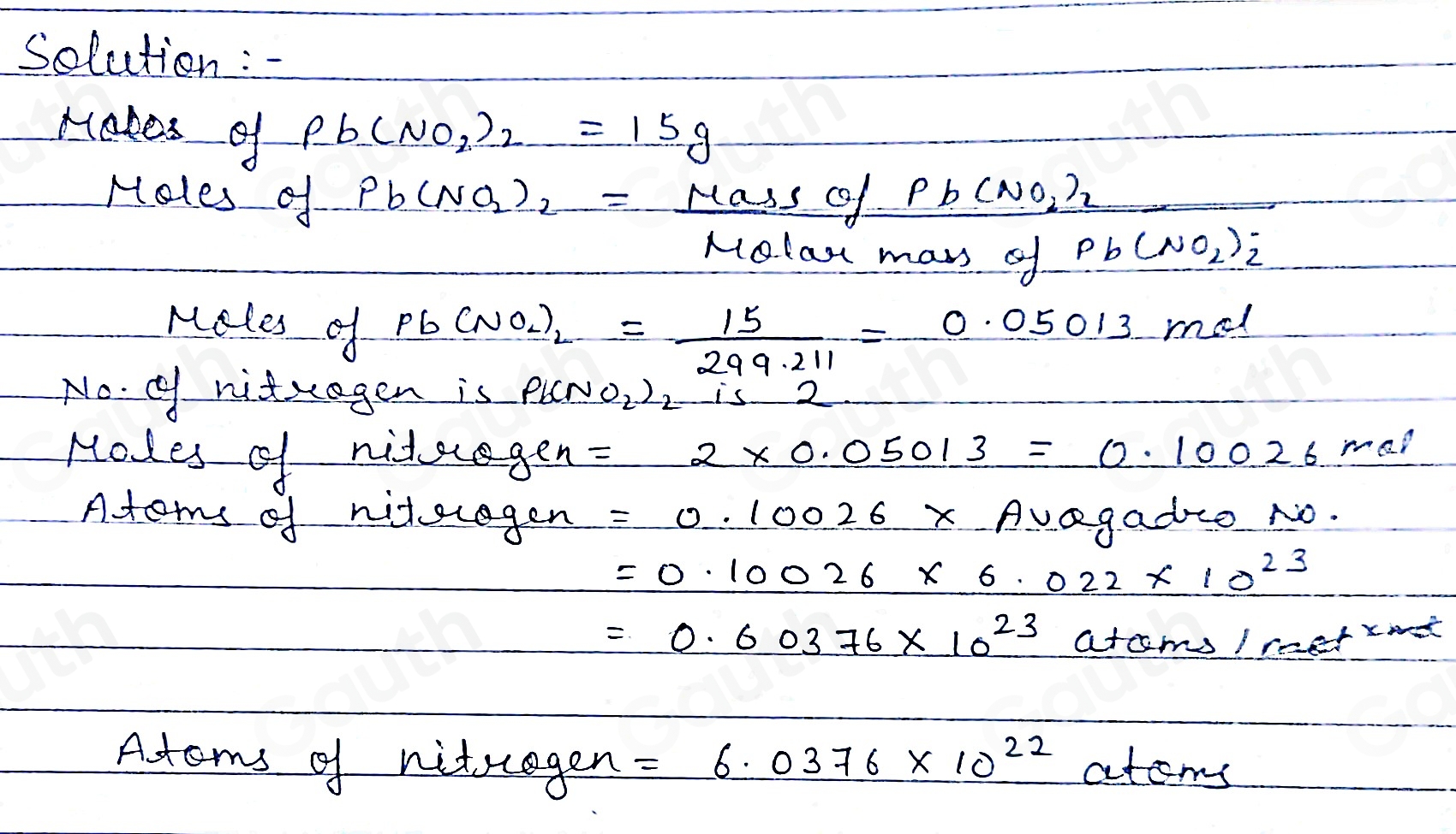 Solved: Determine the quantity of nitrogen atoms in 15.0 grams of Pb(NO ...