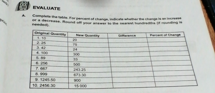 tank 
EVALUATE 
A. Complete the table. For percent of change, indicate whether the change is an increase 
or a decrease. Round off your answer to the nearest hundredths (if rounding is 
price needed).