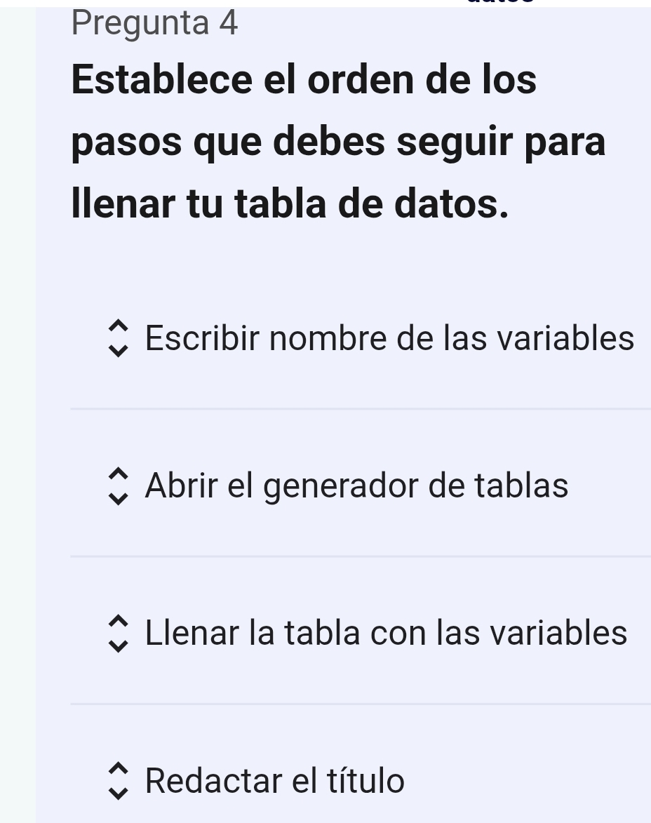 Pregunta 4
Establece el orden de los
pasos que debes seguir para
llenar tu tabla de datos.
Escribir nombre de las variables
Abrir el generador de tablas
Llenar la tabla con las variables
Redactar el título