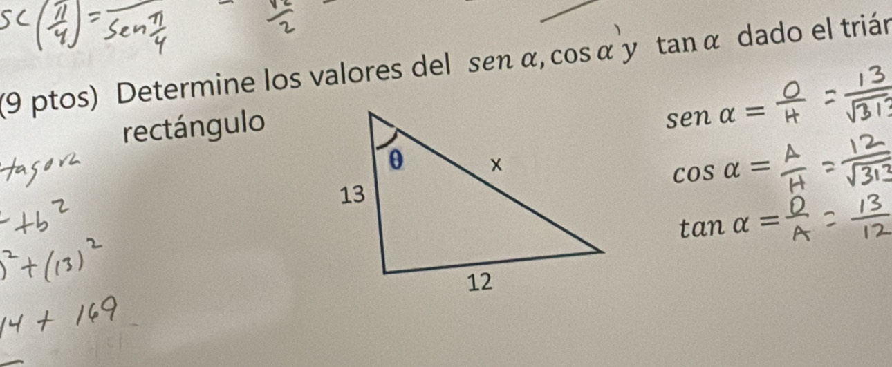 (9 ptos) Determine los valores del sen alpha , cos alpha y tan alpha dado el trián 
rectángulo
senalpha =
cos alpha =
tan alpha =