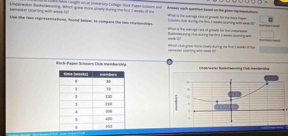 ralcluBs have caught on at University College: Rock-Paper-Scissors and Answer each question based on the given representations.
Underwater Basketweaving. Which grew more slowly during the first 2 weeks of the
semester (starting with week 0)? What is the average rate of growth for the Rock-Paper-
Use the two representations, found below, to compare the two relationships.
Scissors club during the first 2 weeks (starting with week 0)? members?week
What is the average rate of growth for the Underwater
Basketweaving club during the first 2 weeks (starting with
week 0)? members/week
Which club grew more slowly during the first 2 weeks of the
semester (starting with week 0)?
Rock-Paper-Scissors Club membership 
 
 
 
 
Server Werson: 013.28