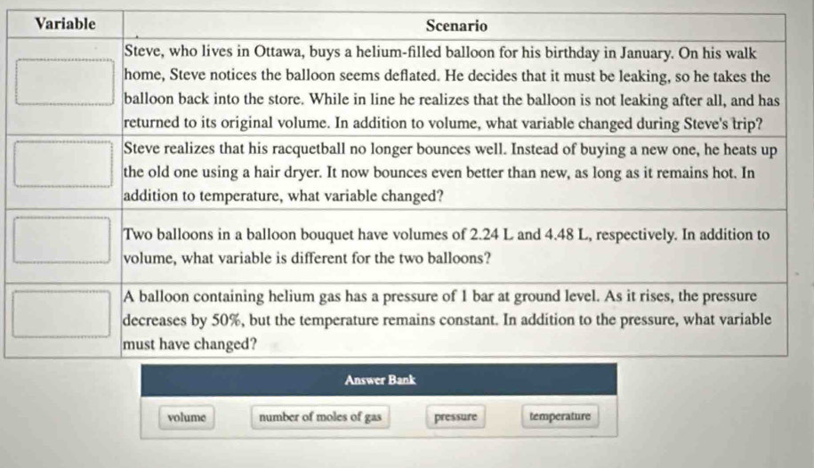 volume number of moles of gas pressure temperature