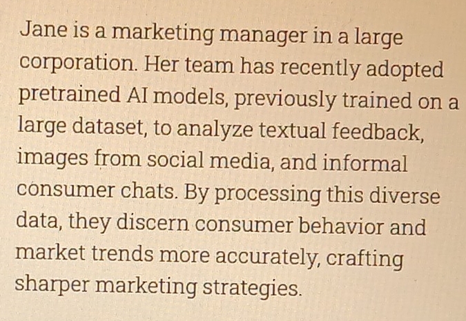 Jane is a marketing manager in a large 
corporation. Her team has recently adopted 
pretrained AI models, previously trained on a 
large dataset, to analyze textual feedback, 
images from social media, and informal 
consumer chats. By processing this diverse 
data, they discern consumer behavior and 
market trends more accurately, crafting 
sharper marketing strategies.