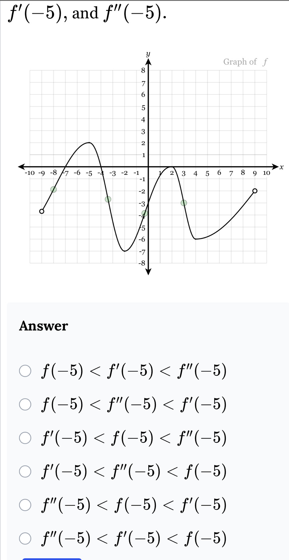 f'(-5) , and f''(-5).
x
Answer
f(-5)
f(-5)
f'(-5)
f'(-5)
f''(-5)
f''(-5)