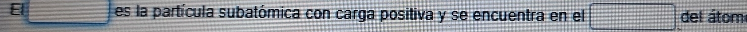 El □ es la partícula subatómica con carga positiva y se encuentra en el □ del átom