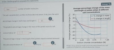 veries. Use the graph to complete the stwe ments.
Eelarge 9
low □ numiser of water molecules. Average percentage change of the mass
and length of potato strips at different
The salt concentration, written to three dec mal places, that gives the same 30 salt concentrations % change in masa
20
percentage change in both mass and leugth is 15 t 10 '6 change in length
。
The greatest percen tage change in the mass of the potato was at a salt 5 -20 -10
concentration of □ M
-30
The percentage chan ge in the length of the potato stayed coratant ba tween -40 à 0.25 0.5 0.75 1 1.25
the salt concentrationa of □ Mand □ Pota lo strips of equal length and mass were places ie tosa l Sodium chlorde concentration (M)
e rons ofd ferent concentrations for Z hours