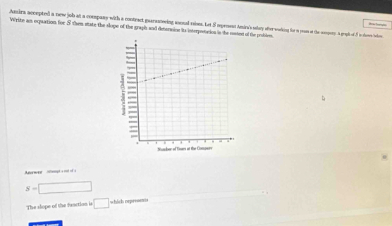 Amira accepted a new job at a company with a contract guaranteeing annual raises. Let S represent Amira's salary after working for m yeaes at the company. A graph of 5 in shown below. Shete Eerigões 
Write an equation for 5 then state the slope of the graph and determine its interpretation in the context of the peoblem. 
Anawer Aftopts out of a
S= □ 
The slope of the function is □ which represents