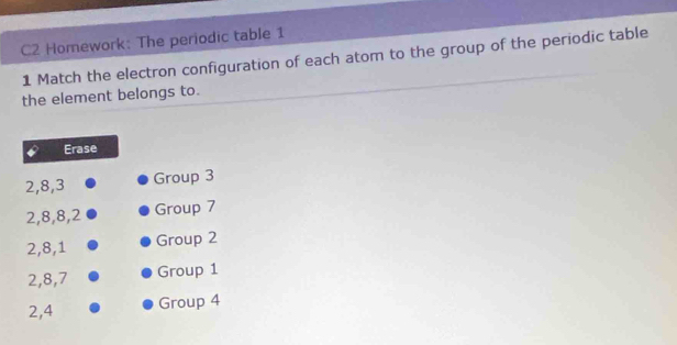 C2 Homework: The periodic table 1 
1 Match the electron configuration of each atom to the group of the periodic table 
the element belongs to.