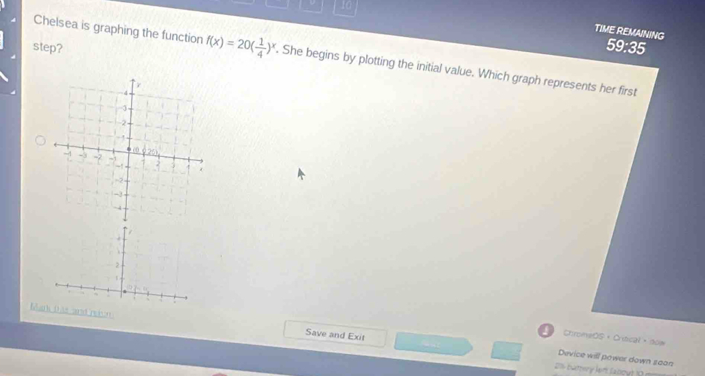 TIME REMAINING
step?
59:35
Chelsea is graphing the function f(x)=20( 1/4 )^x. She begins by plotting the initial value. Which graph represents her first
2
1
5
Mank this and reien Save and Exit
) ChromeDS · Critical ， dow
Device will power down saon
2 battery Jon fabgut 1n