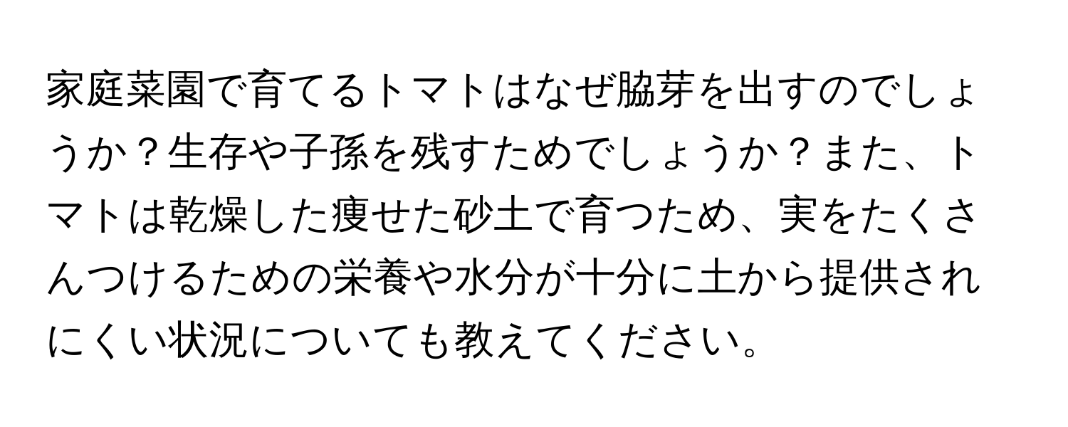 家庭菜園で育てるトマトはなぜ脇芽を出すのでしょうか？生存や子孫を残すためでしょうか？また、トマトは乾燥した痩せた砂土で育つため、実をたくさんつけるための栄養や水分が十分に土から提供されにくい状況についても教えてください。