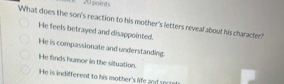 ' 20 points
What does the son's reaction to his mother's letters reveal about his character?
He feels betrayed and disappointed.
He is compassionate and understanding.
He finds humor in the situation.
He is indifferent to his mother's life and secret