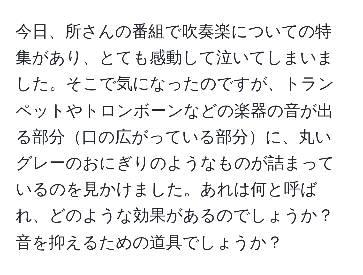 今日、所さんの番組で吹奏楽についての特集があり、とても感動して泣いてしまいました。そこで気になったのですが、トランペットやトロンボーンなどの楽器の音が出る部分口の広がっている部分に、丸いグレーのおにぎりのようなものが詰まっているのを見かけました。あれは何と呼ばれ、どのような効果があるのでしょうか？音を抑えるための道具でしょうか？