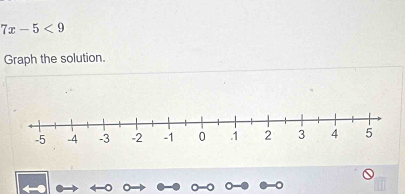 7x-5<9</tex> 
Graph the solution.