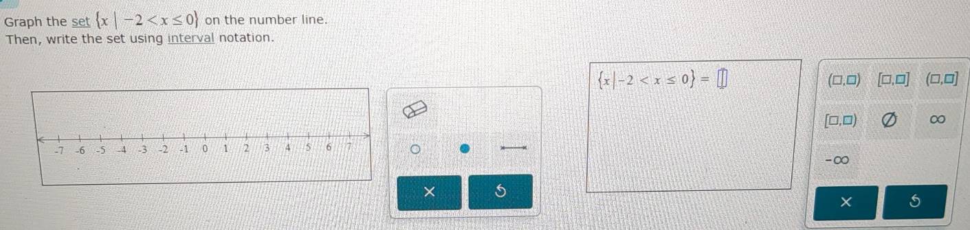 Graph the set  x|-2 on the number line. 
Then, write the set using interval notation.
 x|-2
(□ ,□ ) (□ ,□ ]
[□ ,□ )
∞
。
-∞
×
