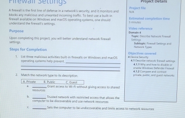 Pirewail Settings Project Details 
A firewall is the first line of defense in a metwork's security, and it monitors and Project file 
N/A 
blocks any malicious and unwanted incoming traffic. To best use a buillt-in 
understand the firewall's settings. firewall available on Windows and macOS operating systems, one should Estimated completion time S minates 
Purpose Dornaln 4 Video reference 
Upon completing this project, you will better understand network firewall Settings Taplic: Describe Network Firewall Subilapkc Finevall Settings and 
settings 
Steps for Completion Oblectives covered Nistwork Types 
1. List three malicious activities built-in firewalls on Windows and macOS 4 Device Security 4.1 Deccribe network frewall sittings 
_ 
operating systems help prevent. _41.1 Whw and how to d slr or 
_crable Windows Defender Firewall 
2. Match the network type to its description. private, public, and quest nenwork 4, 1.2 Com pase and con M 
f Gieit 
A. Private Grand access to W-FI without giving access to shared 
i 
resources 
h _Trussed network with restricted access that allows the 
computer to be discoverable and use nelwork resources 
c. _Sets the computer to be undiscoverable and limits access to network resources