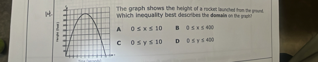 The graph shows the height of a rocket launched from the ground.
Which inequality best describes the domain on the graph?
A 0≤ x≤ 10 B 0≤ x≤ 400
C 0≤ y≤ 10 D 0≤ y≤ 400