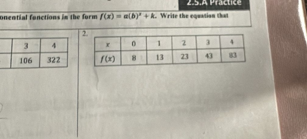 2.5.A Practice
onential functions in the form f(x)=a(b)^x+k. Write the equation that