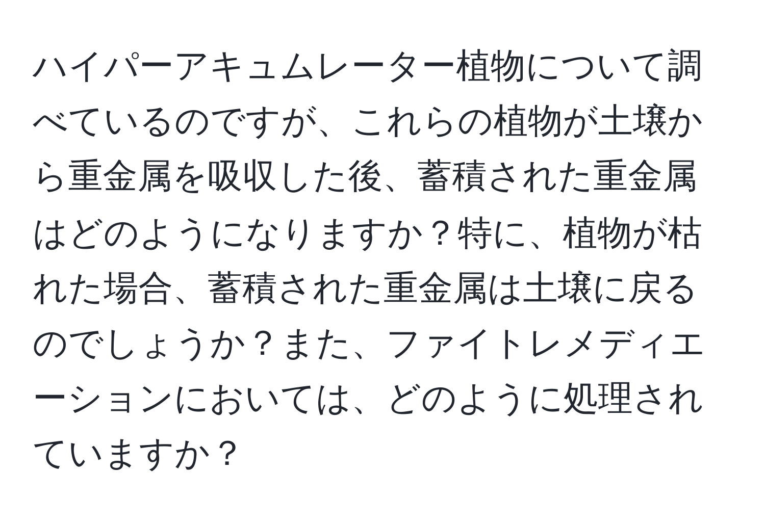 ハイパーアキュムレーター植物について調べているのですが、これらの植物が土壌から重金属を吸収した後、蓄積された重金属はどのようになりますか？特に、植物が枯れた場合、蓄積された重金属は土壌に戻るのでしょうか？また、ファイトレメディエーションにおいては、どのように処理されていますか？