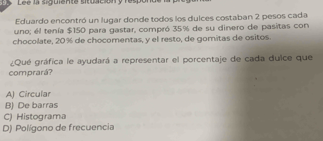 Lee la siguiente situación y responde la 
Eduardo encontró un lugar donde todos los dulces costaban 2 pesos cada
uno; él tenía $150 para gastar, compró 35% de su dinero de pasitas con
chocolate, 20% de chocomentas, y el resto, de gomitas de ositos.
¿Qué gráfica le ayudará a representar el porcentaje de cada dulce que
comprará?
A) Circular
B) De barras
C) Histograma
D) Polígono de frecuencia