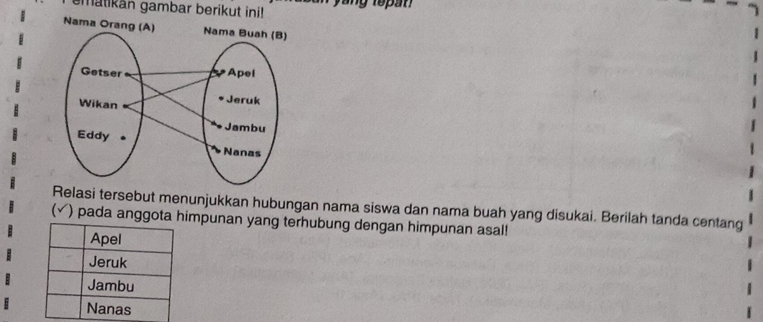 ematikán gambar berikut ini! 
Relasi tersebut menunjukkan hubungan nama siswa dan nama buah yang disukai. Berilah tanda centang 
(√) pada anggota himpunan yang terhubung dengan himpunan asal!