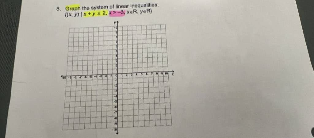 Graph the system of linear inequalities:
 (x,y)|x+y≤ 2,x>-3,x∈ R,y∈ R