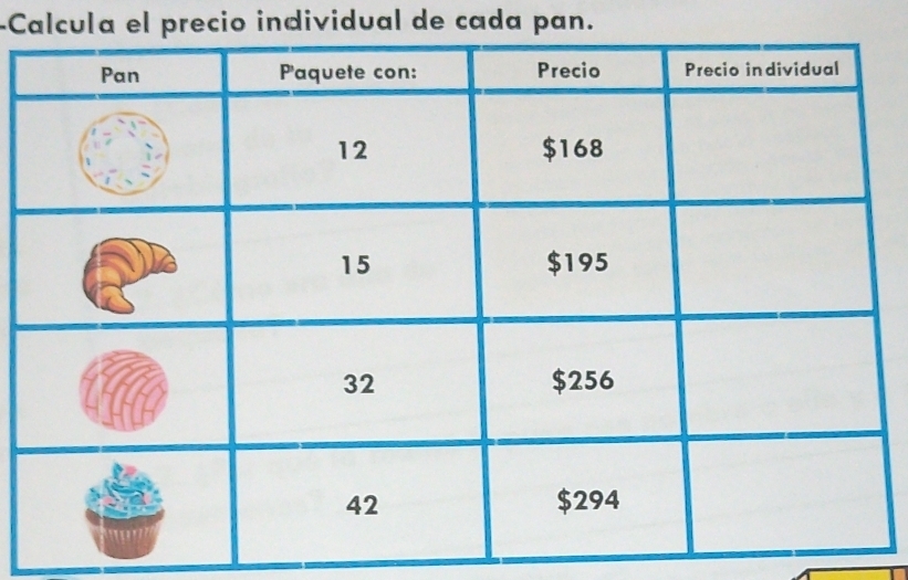 Calcula el precio individual de cada pan.