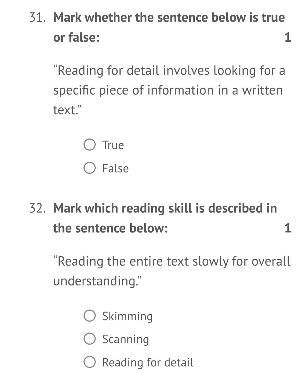 Giải quyết:Mark whether the sentence below is true or false: 1 “Reading ...