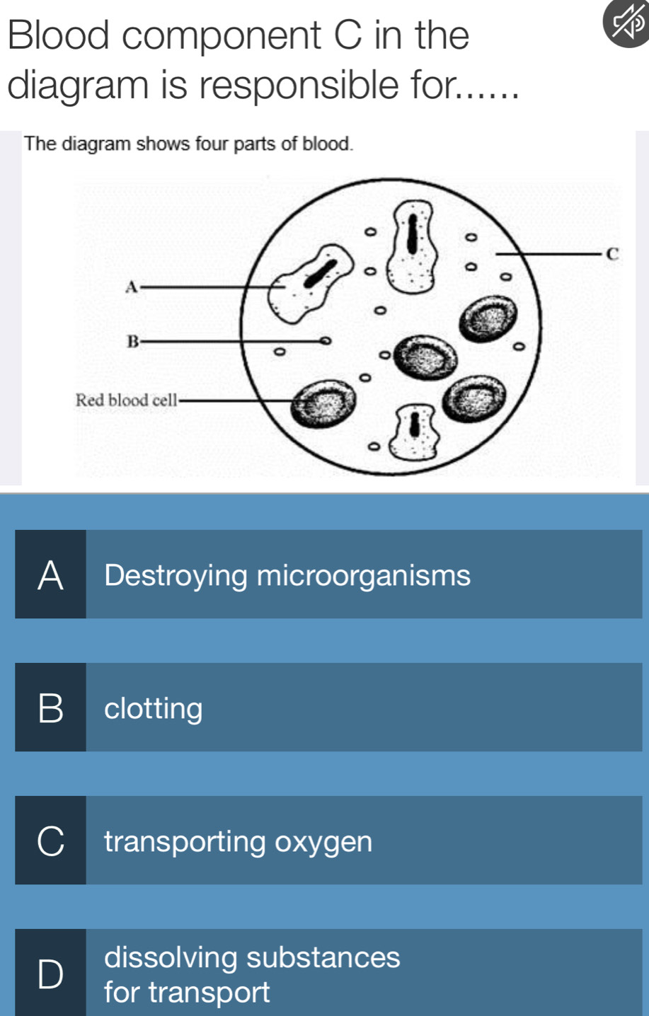 Blood component C in the
diagram is responsible for......
The diagram shows four parts of blood.
A Destroying microorganisms
B clotting
transporting oxygen
dissolving substances
for transport