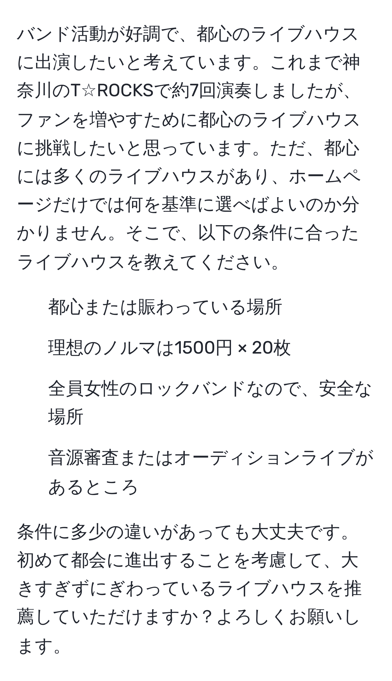 バンド活動が好調で、都心のライブハウスに出演したいと考えています。これまで神奈川のT☆ROCKSで約7回演奏しましたが、ファンを増やすために都心のライブハウスに挑戦したいと思っています。ただ、都心には多くのライブハウスがあり、ホームページだけでは何を基準に選べばよいのか分かりません。そこで、以下の条件に合ったライブハウスを教えてください。

- 都心または賑わっている場所
- 理想のノルマは1500円 × 20枚
- 全員女性のロックバンドなので、安全な場所
- 音源審査またはオーディションライブがあるところ

条件に多少の違いがあっても大丈夫です。初めて都会に進出することを考慮して、大きすぎずにぎわっているライブハウスを推薦していただけますか？よろしくお願いします。