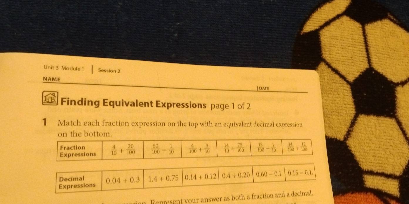 Module 1 Session 2
NAME | DATE
Finding Equivalent Expressions page 1 of 2
1 Match each fraction expression on the top with an equivalent decimal expression
on the bottom.
Represent your answer as bo