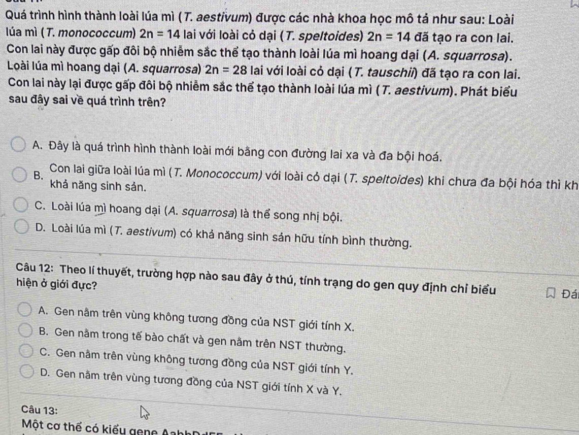 Quá trình hình thành loài lúa mì ( T. aestivum) được các nhà khoa học mô tả như sau: Loài
lúa mì ( T. monococcum) 2n=14 lai với loài cỏ dại ( T. speltoides) 2n=14 đã tạo ra con lai.
Con lai này được gấp đôi bộ nhiễm sắc thể tạo thành loài lúa mì hoang dại (A. squarrosa).
Loài lúa mì hoang dại (A. squarrosa) 2n=28 lai với loài cỏ dại ( T. tauschii) đã tạo ra con lai.
Con lai này lại được gấp đôi bộ nhiễm sắc thể tạo thành loài lúa mì ( T. aestivum). Phát biểu
sau đây sai về quá trình trên?
A. Đây là quá trình hình thành loài mới bằng con đường lai xa và đa bội hoá.
B. Con lai giữa loài lúa mì ( T. Monococcum) với loài có dại ( T. speltoides) khi chưa đa bội hóa thì kh
khả năng sinh sản.
C. Loài lúa mì hoang dại (A. squarrosa) là thể song nhị bội.
D. Loài lúa mì (T. aestivum) có khả năng sinh sản hữu tính bình thường.
Câu 12: Theo lí thuyết, trường hợp nào sau đây ở thú, tính trạng do gen quy định chỉ biểu
hiện ở giới đực? Đái
A. Gen nằm trên vùng không tương đồng của NST giới tính X.
B. Gen nằm trong tế bào chất và gen nằm trên NST thường.
C. Gen nằm trên vùng không tương đồng của NST giới tính Y.
D. Gen nằm trên vùng tương đồng của NST giới tính X và Y.
Câu 13:
Một cơ thế có kiểu gene Aahh