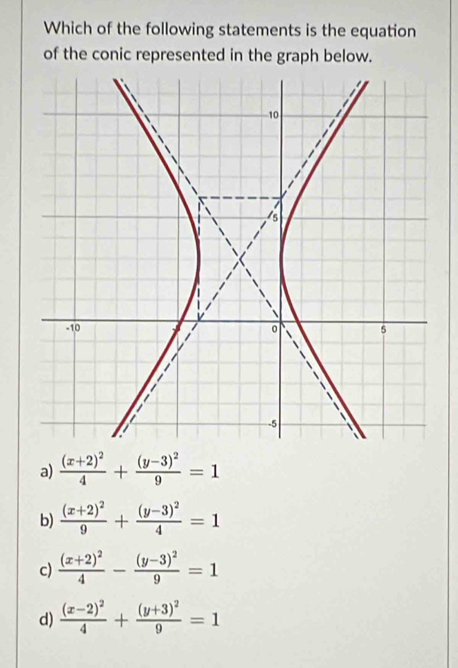 Which of the following statements is the equation
of the conic represented in the graph below.
10
1
s
-10 0 5
-5
a) frac (x+2)^24+frac (y-3)^29=1
b) frac (x+2)^29+frac (y-3)^24=1
c) frac (x+2)^24-frac (y-3)^29=1
d) frac (x-2)^24+frac (y+3)^29=1