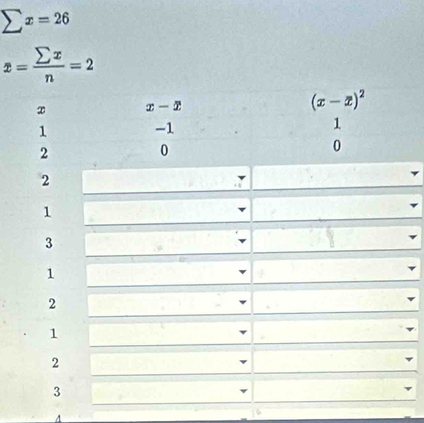 sumlimits x=26
x= sumlimits x/n =2
A