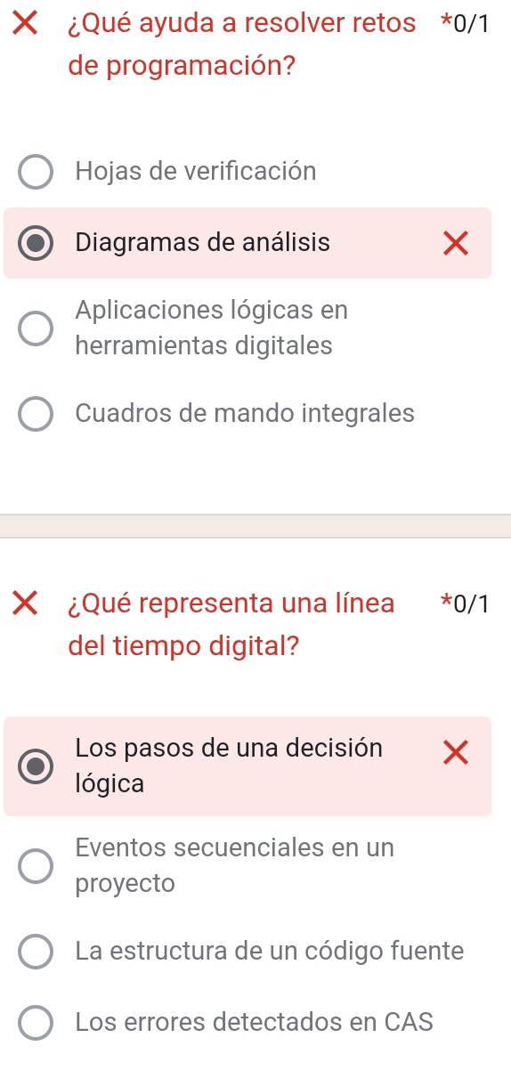 ¿Qué ayuda a resolver retos * 0/1
de programación?
Hojas de verificación
Diagramas de análisis X
Aplicaciones lógicas en
herramientas digitales
Cuadros de mando integrales
¿Qué representa una línea * 0/1
del tiempo digital?
Los pasos de una decisión
lógica
Eventos secuenciales en un
proyecto
La estructura de un código fuente
Los errores detectados en CAS