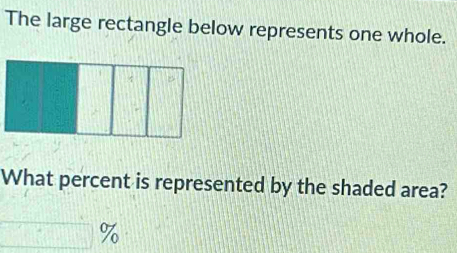 The large rectangle below represents one whole. 
What percent is represented by the shaded area?
%