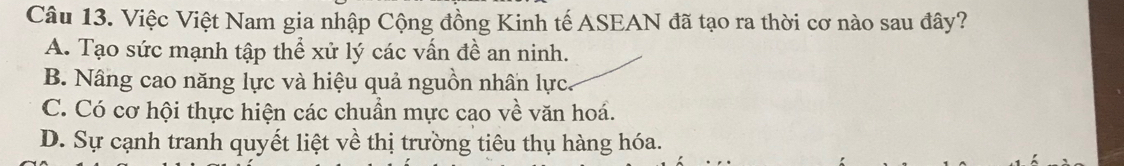 Việc Việt Nam gia nhập Cộng đồng Kinh tế ASEAN đã tạo ra thời cơ nào sau đây?
A. Tạo sức mạnh tập thể xử lý các vấn đề an ninh.
B. Nâng cao năng lực và hiệu quả nguồn nhân lực.
C. Có cơ hội thực hiện các chuẩn mực cao về văn hoá.
D. Sự cạnh tranh quyết liệt về thị trường tiêu thụ hàng hóa.