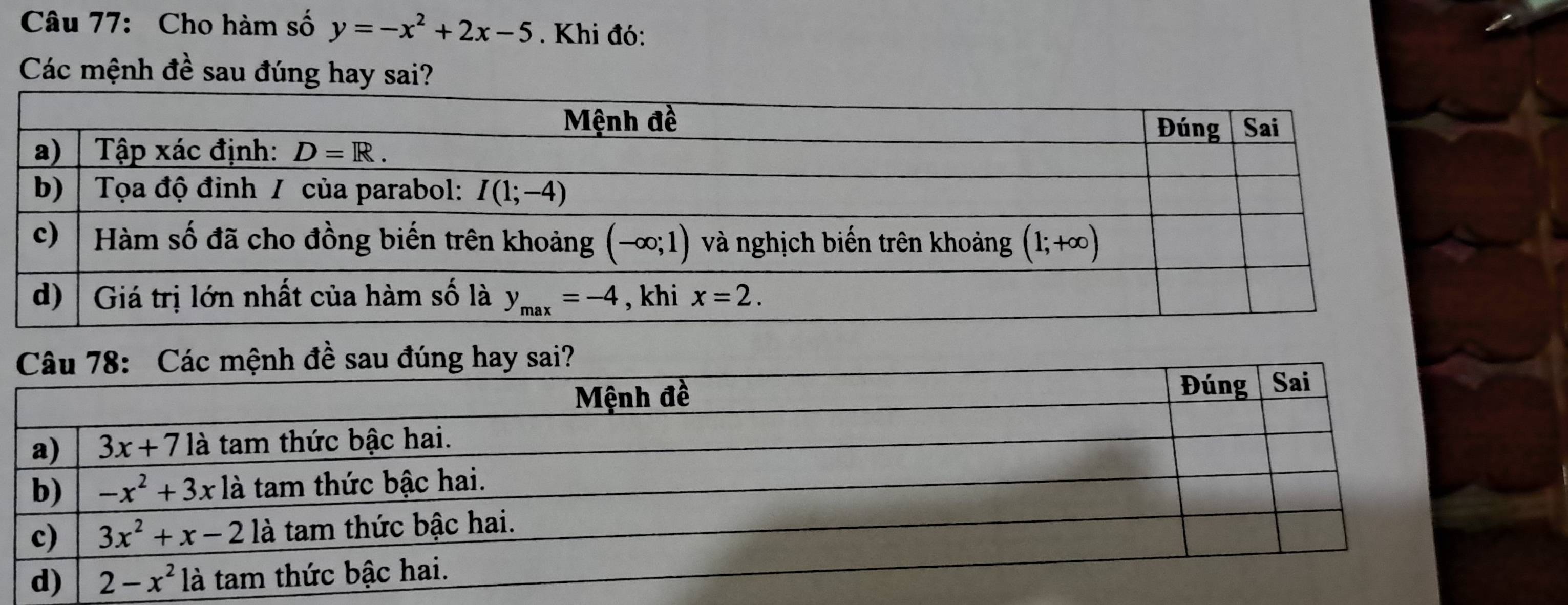 Cho hàm số y=-x^2+2x-5. Khi đó:
Các mệnh đề sau đúng hay sai?