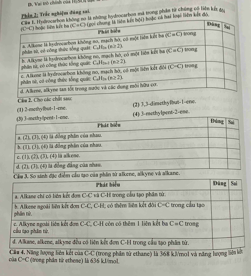 Vai trò chính của H₂SOi tạt
Phần 2: Trắc nghiệm đúng sai.
g hydrocarbon mà trong phân tử chúng có liên kết đôi
ai loại liên kết đó.
Câu 2. Cho c
(1) 2-methylbut-1-ene. (2) 3,3-dimethylbut-1-ene.
(4) 3-methylpent-2-ene.
Câu 3. So sánh đặc điểm
kết của C-C (trong phân tử ethane) là 368 kJ/mol và năng lượng l
của C=C (trong phân tử ethene) là 636 kJ/mol.